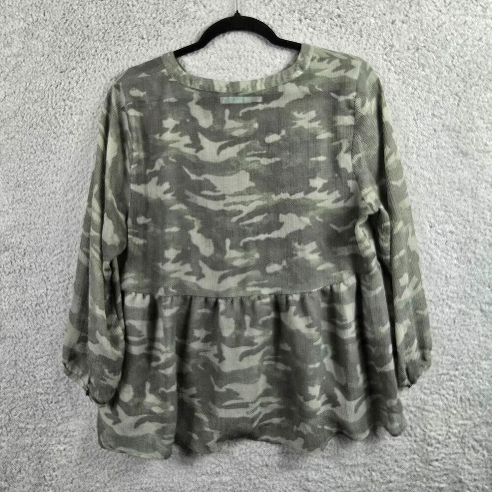 Maurices Smocked Sheer Top Camo L Henley Peplum Blouse Babydoll Western Green - Picture 6 of 8